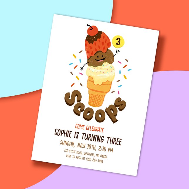 Invitación Hielo Cream Scoops Niños Fiesta de tercer cumpleañ (Subido por el creador)