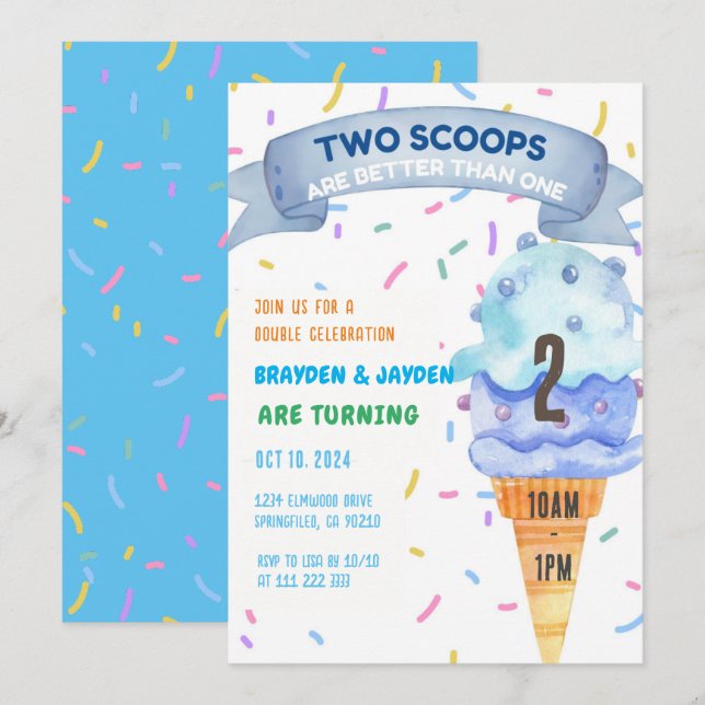 Invitación Hielo Cream Twins Chicas de niños Dos Scoops Cumpl (Anverso / Reverso)