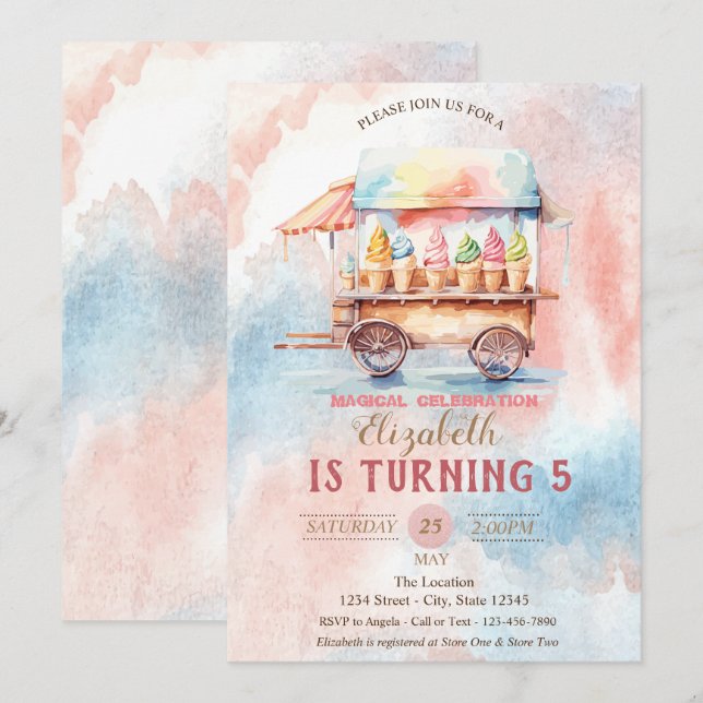 Invitación Hielo Cremas Acuarela Splash Cumpleaños (Anverso / Reverso)