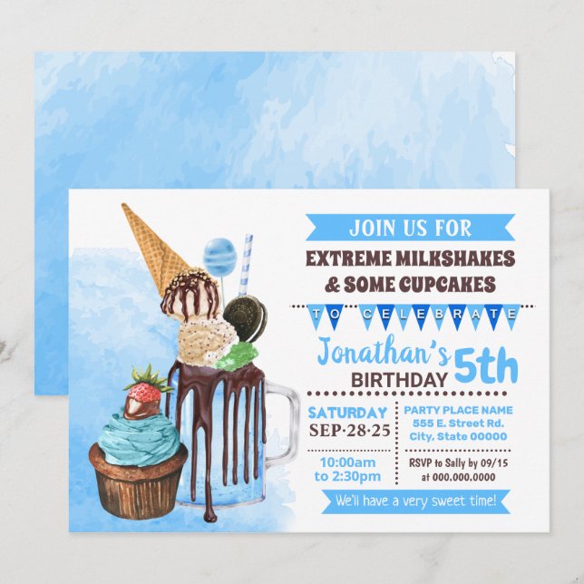 Invitación Hielo de batidos extremos de helado cumpleaños azu (Anverso / Reverso)