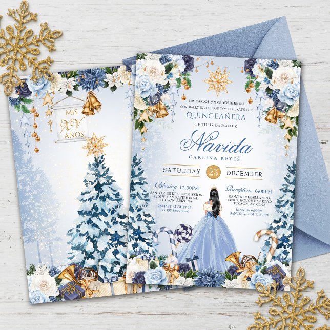 Invitación Hielo de invierno nevado azul y quinceanera floral (Subido por el creador)