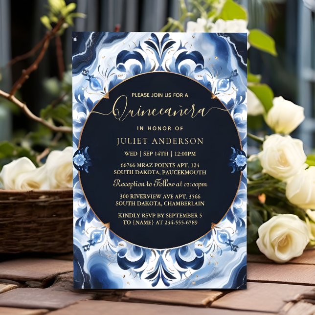 Invitación Hielo de marfil Ombre Sky Gold Royal Blue Quincean (Subido por el creador)