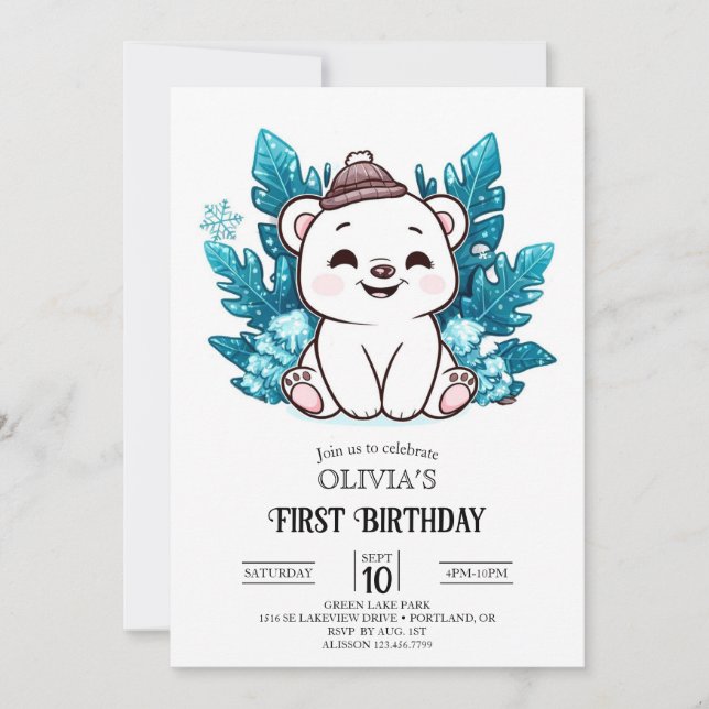 Invitación Hielo Dreamy Polar Bear 1er cumpleaños digital (Anverso)
