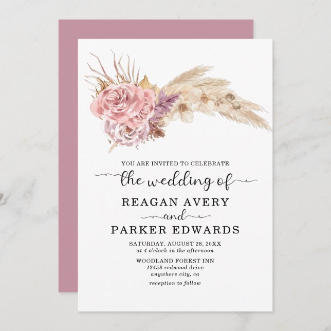 Invitación Hierba de las Pampas Floral Seca Rosa y Boda Púrpu (Anverso / Reverso)
