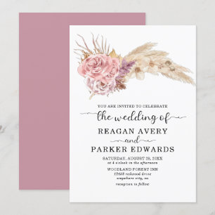 Invitación Hierba de las Pampas Floral Seca Rosa y Boda Púrpu