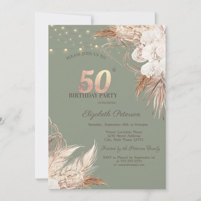 Invitación Hierba de las Pampas Verde Salvia Cumpleaños 50 (Anverso)