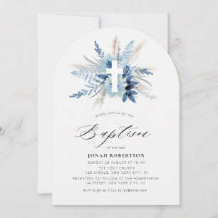 Invitación hierba de pampas bohemia cruz floral azul bautismo