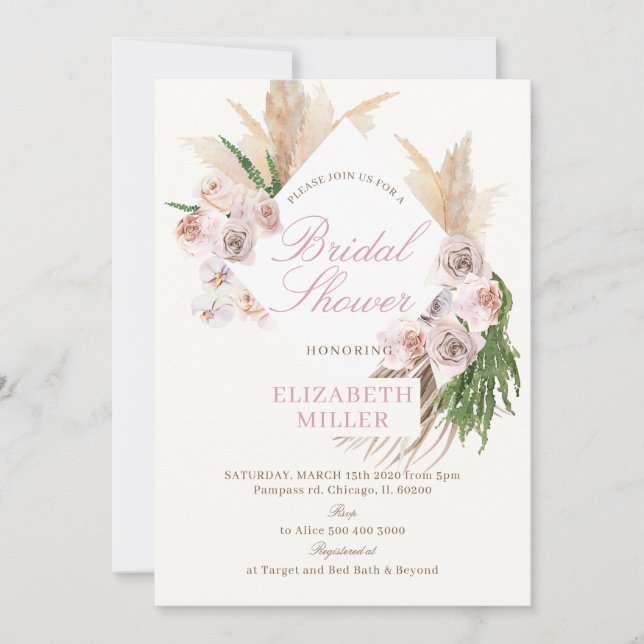 Invitación Hierba de Pampas Boho Floral Rosa (Anverso)