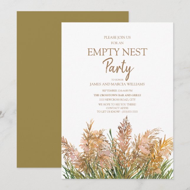 Invitación Hierba de Pampas Marrón Fiesta de Nido Vacío Verde (Anverso / Reverso)