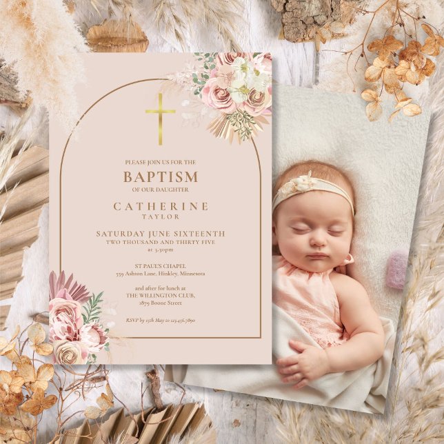 Invitación Hierba de Pampas Oro Foto Bautizo Bautismo  (Pampas Grass Gold Photo Baptism Christening Invitation)