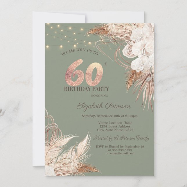 Invitación Hierba de Pampas Verde Salvia Cumpleaños 60 (Anverso)
