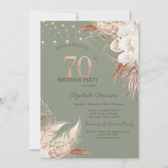 Invitación Hierba de Pampas Verde Salvia Cumpleaños 70 (Anverso)
