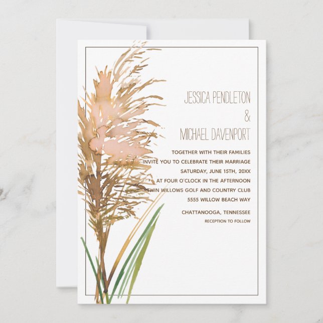 Invitación Hierba rústica de las Pampas en boda blanca (Anverso)