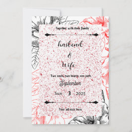 Invitación High-Contrast Red Speckle & Black Line Art Floral