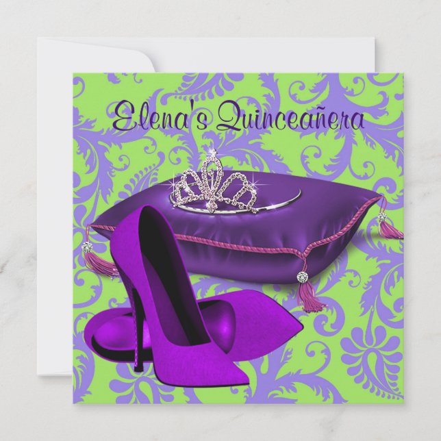 Invitación High Heal Shoes Lime Green Purple Quinceanera (Anverso)