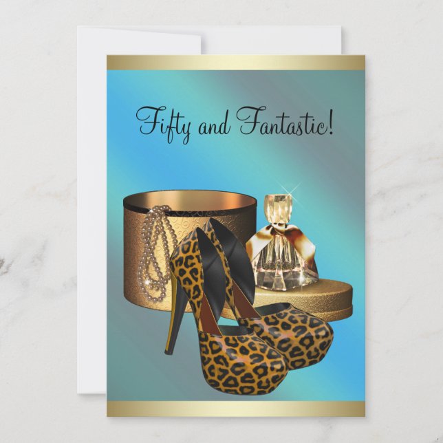 Invitación High Heel Shoes Leopard Gold Womans 50 cumpleaños (Anverso)