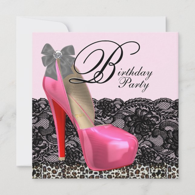 Invitación High Heel Shoes Pink Leopard Birthday Party (Anverso)