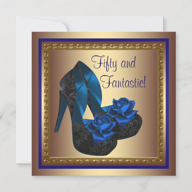 Invitación High Heel Shoes Royal Blue Gold 50 cumpleaños (Anverso)