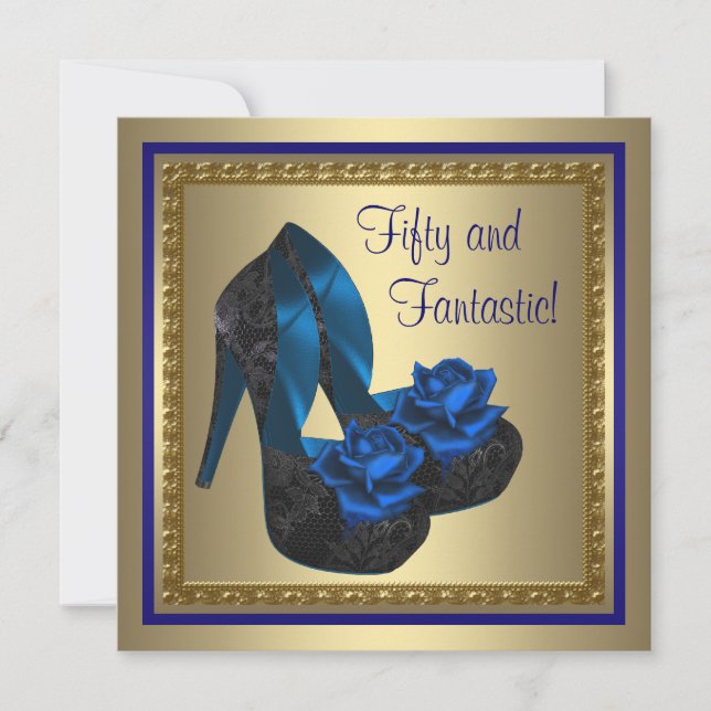 Invitación High Heel Shoes Royal Blue Gold Birday Party (Anverso)
