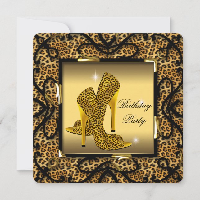Invitación High Heel Shoes Wild Gold Leopard Birthday Party 2 (Anverso)