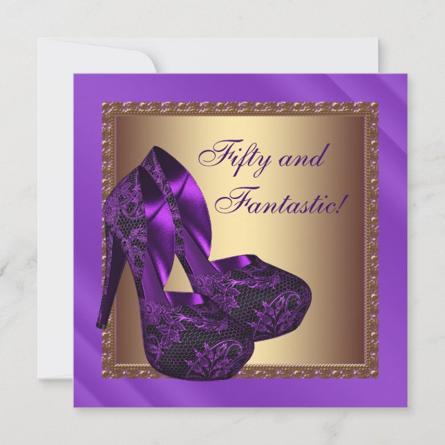 Invitación High Heel Shoes Womans Purple Gold Birthday Party (Anverso)