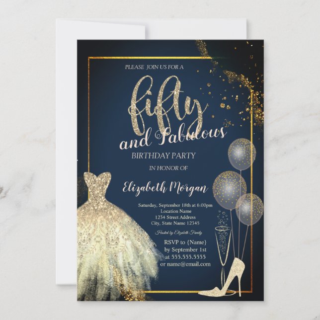Invitación High Heels,Dress,Stars Navy Blue 50th Birthday  (Anverso)