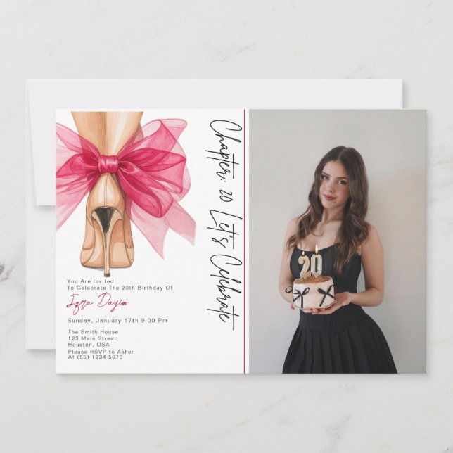 Invitación High Heels Pink Bow 20th Birthday Party Photo (Anverso)