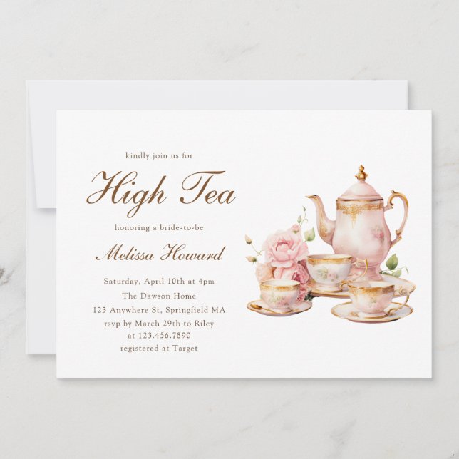 Invitación High Tea Pastel Gold Bridal Shower (Anverso)