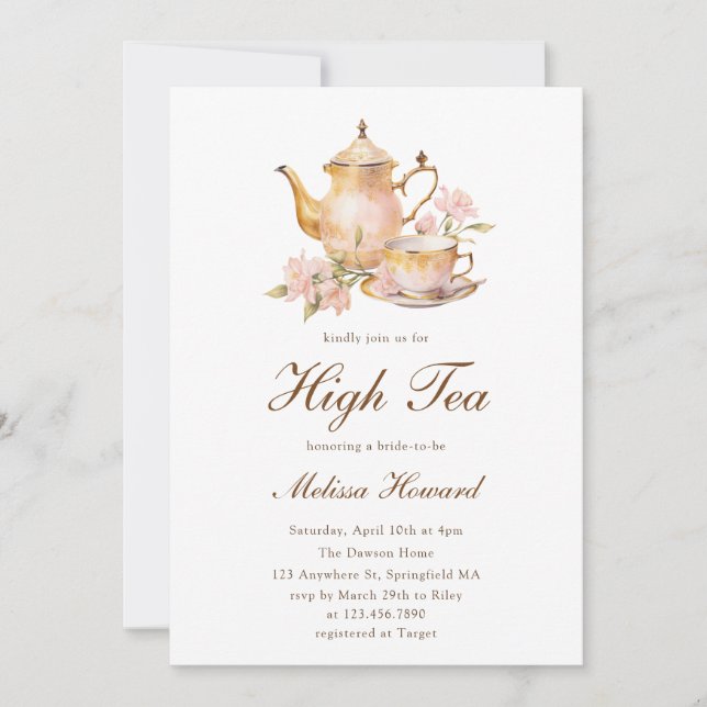 Invitación High Tea Pastel Gold Bridal Shower (Anverso)