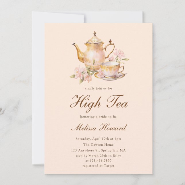 Invitación High Tea Pastel Orange Gold Bridal Shower (Anverso)