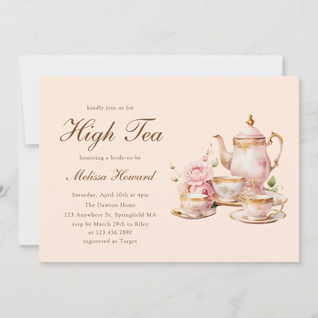 Invitación High Tea Pastel Orange Gold Bridal Shower (Anverso)