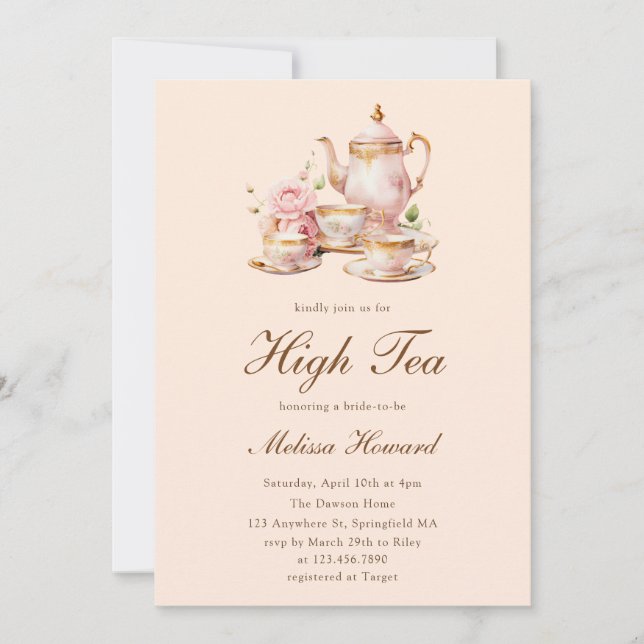 Invitación High Tea Pastel Orange Gold Bridal Shower (Anverso)