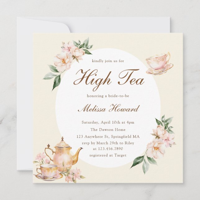 Invitación High Tea Pastel Yellow Gold Bridal Shower (Anverso)