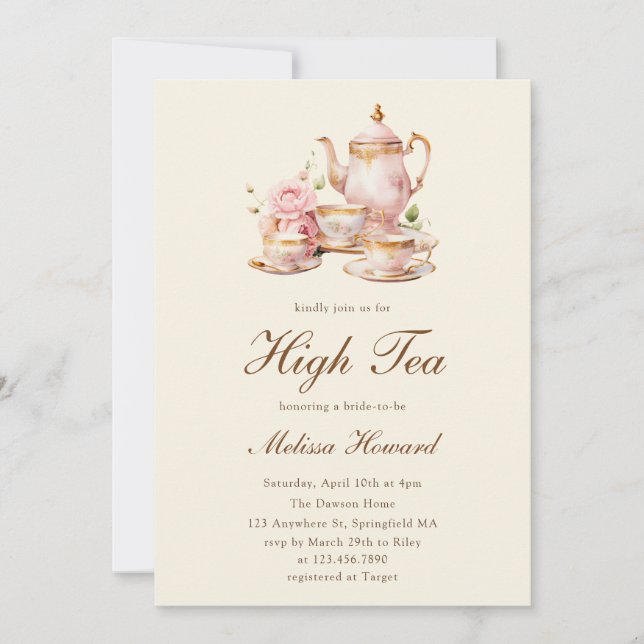 Invitación High Tea Pastel Yellow Gold Bridal Shower (Anverso)