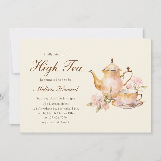 Invitación High Tea Pastel Yellow Gold Bridal Shower (Anverso)