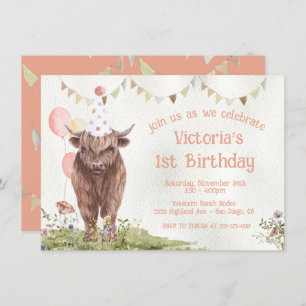 Invitación Highland Cow 1st Birthday Party Invitation