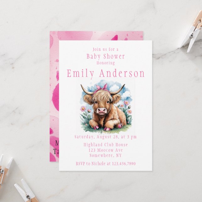 Invitación Highland Cow Baby Shower Bliss Chica (Anverso/Reverso In Situ)