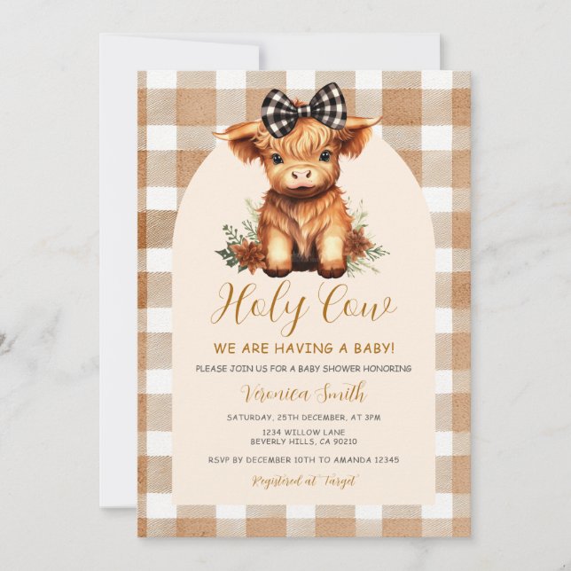 Invitación Highland Cow Baby Shower with Bow Gingham Floral (Anverso)