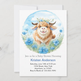 Invitación Highland Cow Blue Bash Boy Baby Shower