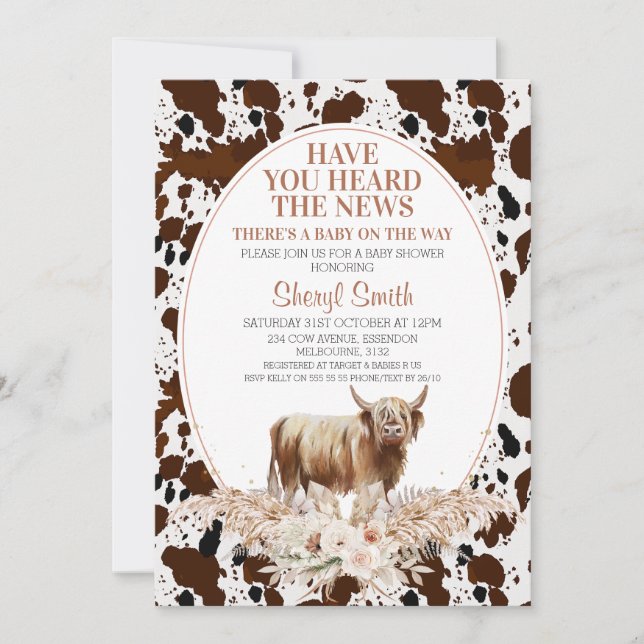 Invitación Highland Cow Boho Floral Baby Shower (Anverso)