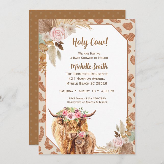 Invitación Highland Cow Boho Floral Brown Baby Shower (Anverso / Reverso)