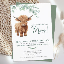 Invitación Highland Cow BohoGreenery Farm Animal 1º cumpleaño