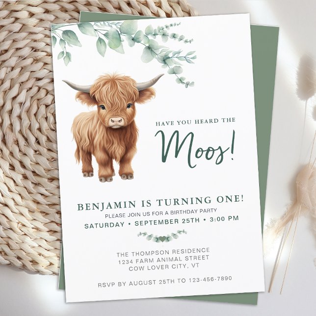 Invitación Highland Cow BohoGreenery Farm Animal 1º cumpleaño (Subido por el creador)