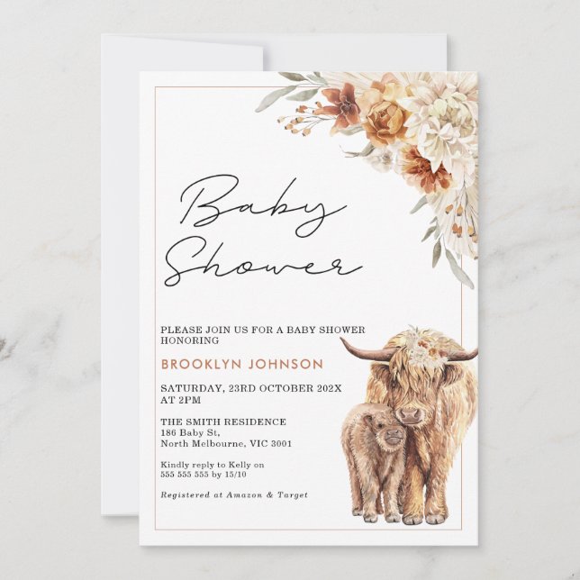 Invitación Highland Cow Calf Naranja Boho Floral Baby Shower (Anverso)