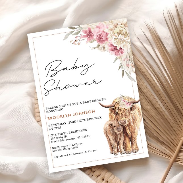 Invitación Highland Cow Calf Pink Boho Flor Baby Shower (Pink Floral Highland Cow Baby Shower Invitation, Highland Cow Calf Baby Shower Invite Girl)