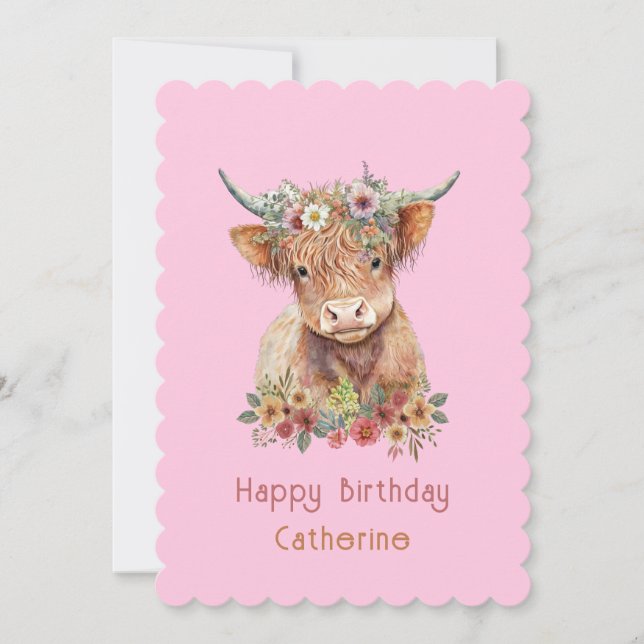 Invitación Highland Cow Cute Floral Nacimiento acuático Pink (Anverso)