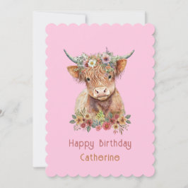 Invitación Highland Cow Cute Floral Nacimiento acuático Pink