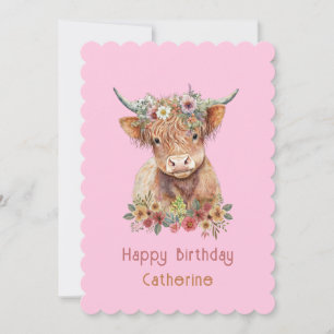 Invitación Highland Cow Cute Floral Nacimiento acuático Pink