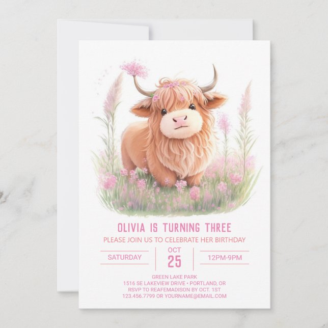 Invitación Highland Cow Farmyard Chica divertido Cumpleaños (Anverso)