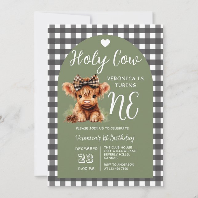 Invitación Highland Cow First Birthday Girl Gingham Party (Anverso)